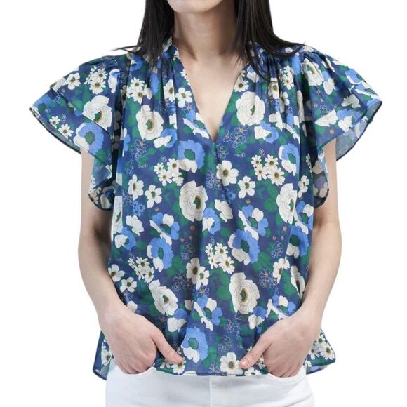 Trovata Birds of Paradise Clover Blouse Rosa Blanca Blue Lux Lightweight Large - Picture 1 of 12